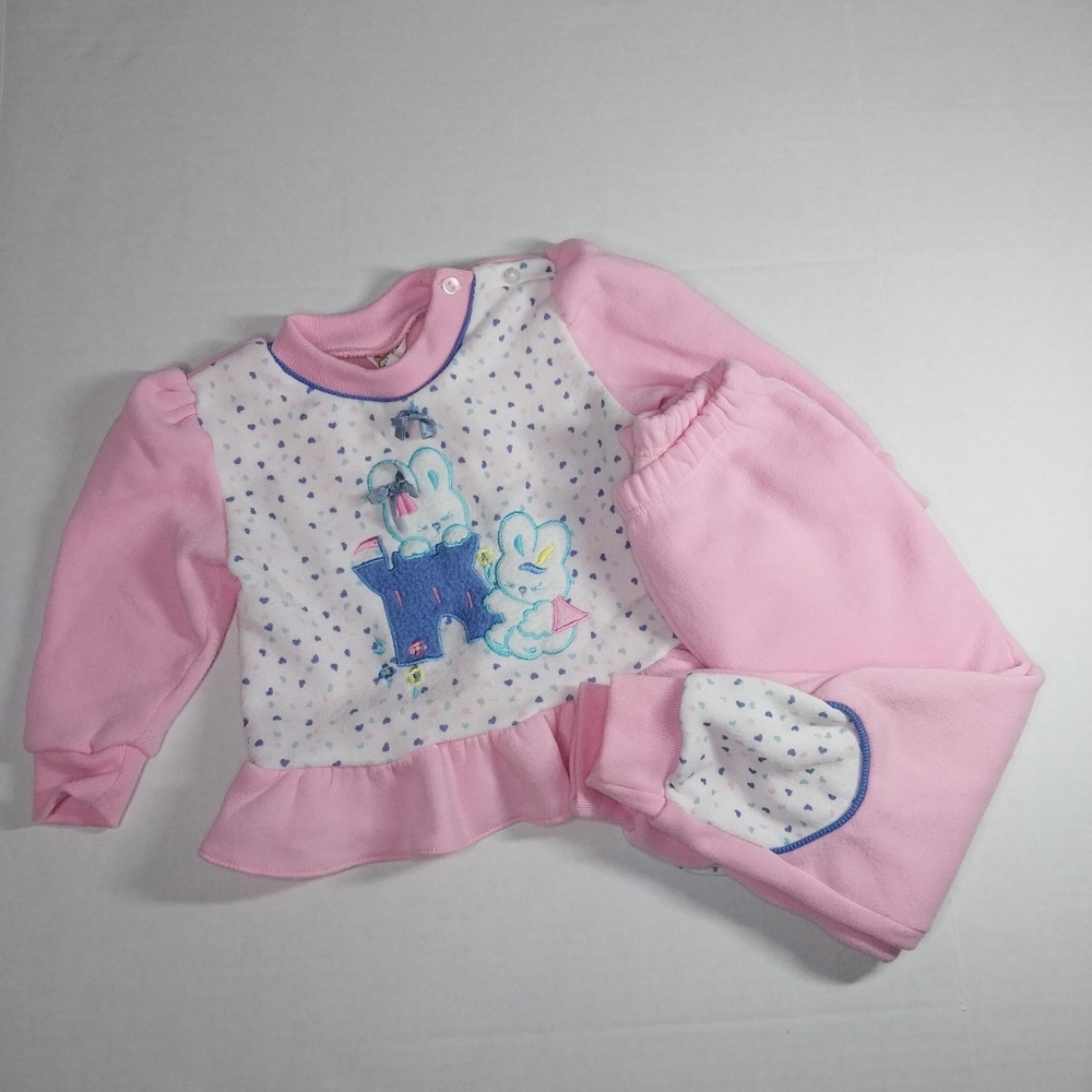 Vintage 80/90s Lovespun 24 Months Sweat Shirt Pant Outfit bunny rabbits Pink